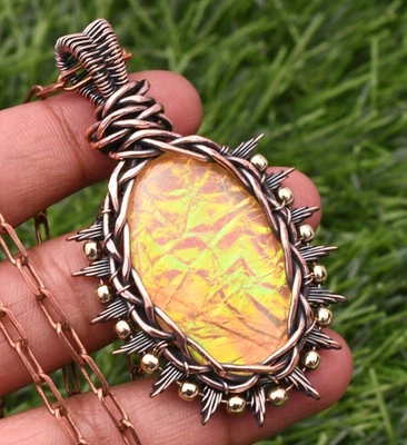 Triplete Fire Opal Gemstone Copper Wire Wrapped Handmade Jewelry Pendant 1.97" - Image 1 of 4