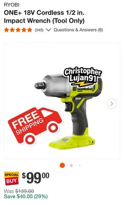 Ryobi 18V ONE+ 1/2" Impact Wrench Cordless Tool Only–Brand New–$79.97 - Image 1 of 4