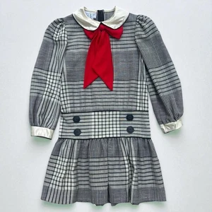 VTG Girls Plaid Dress S 8 Gray Sailor Collar Bow Drop Waist Holiday Preppy Retro - Picture 1 of 11