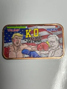 1 oz Colorized Trump Copper Bar - KO TRUMP WINS ~ Boxing Trump Vs. Biden - Bild 1 von 2