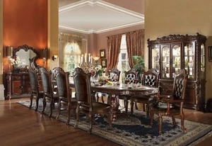 Cherry Brown Table & Faux Leather Chairs - Traditional 11 piece Dining Set ICAK - Picture 1 of 4