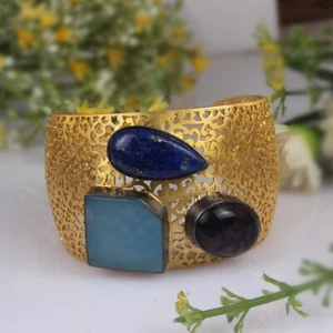 Filigree Designer Cuff Bangle With Multi Stone Gold Plated For Wedding Jewelry - Picture 1 of 9