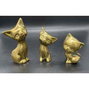 Solid Brass Siamese Cat Figurines MCM Set Of 3 Vintage Brass Kitties Mid Century - Picture 1 of 8