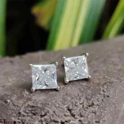 2CT Princess Cut Lab Created Diamond Pretty Stud Earring 14k White Gold Plated - Image 1 of 4