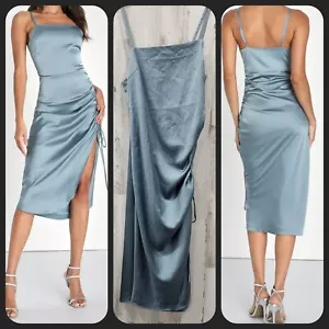 Abito midi LULUS Bonafide Babe blu ardesia raso senza maniche increspato taglia GRANDE - Foto 1 di 15