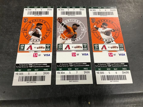 GIANTS 2016 TICKET STUB 4/18/16-4/20/16-4/21/16 VS DIAMONDBACKS Cover