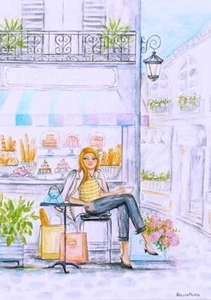 Papyrus Bella Pilar Girl at Outdoor Bakery Cafe Blank Any Occasion Greeting Card - Picture 1 of 2