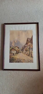 Alter Aquarell Kunstdruck "Alpendorf", signiert Freytag - Bild 1 von 1