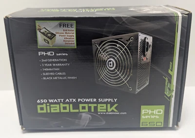 Diablotek 650W ATX Power Supply PHD 650 2nd Gen 140mm Fan Sleeved Cables Refurb - Image 1 of 4