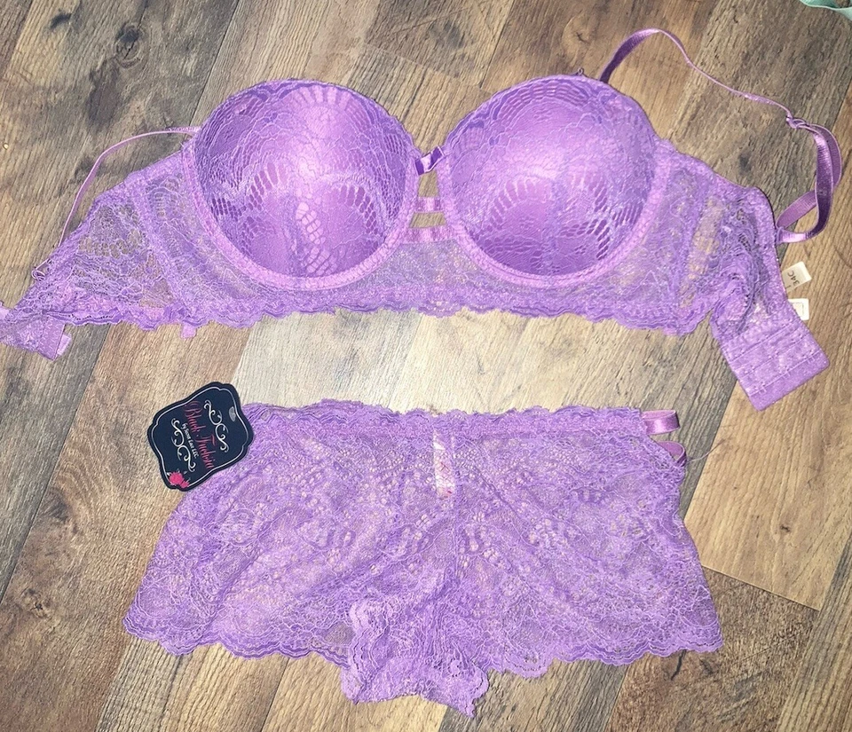 Conjunto de sujetador push up de encaje negro Fushia By Secret para mujer púrpura 34C nuevo con etiquetas Foto 1 de 4