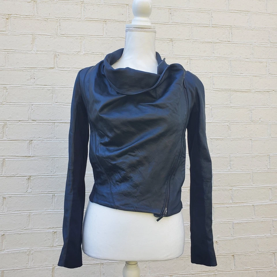 Y2K BCBGeneration Black Leather Crossbody Zip Moto Baker Women's Jacket Size S - Image 1 of 4