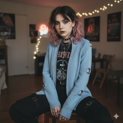 Cárdigan Suéter Just B Cristal Ojal Acanalado Cremallera M Bebé Azul E-Girl Y2K Foto 1 de 4