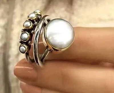 Museum Pearl Stamped Bezel Brighton Boho Bohemian Gold Silver Two Tone Ring 9 - Image 1 of 4