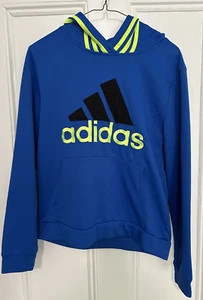 Adidas Boys Size L 14-16 Blue Neon Green Logo Graphic Active Hoodie Sweatshirt  - Picture 1 of 4