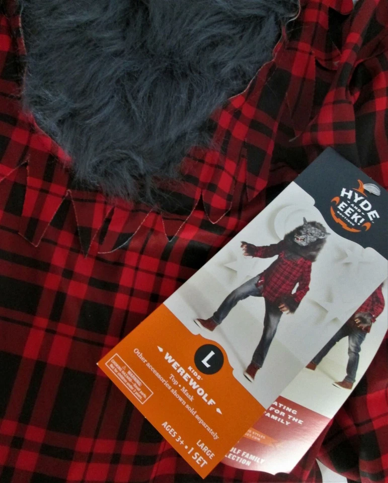 Child WEREWOLF COSTUME L 12-14 Top W/ Faux Fur & Mask NEW 2pc Scary Wolf KIDS - Image 1 of 1