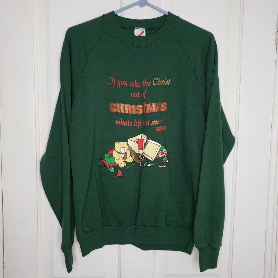 Suéter Feo Navidad Vintage Cuello Redondo Sudadera Jesucristo Verde Mujer L Foto 1 de 4