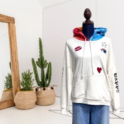 LAUREN MOSHI Mujer’s S Tie Dye Sudadera con Capucha Paz Amor Felicidad Sudadera Marfil Foto 1 de 4