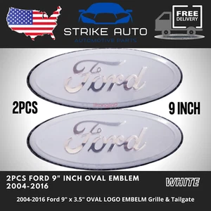 2PCS FORD WHITE & SILVER EMBLEM OVAL 9 INCH LOGO Grille & Tailgate Badge 2004-16 - Picture 1 of 5
