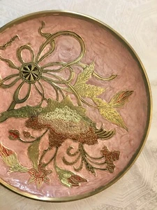 Gorgeous Pink Gold Vtg 12" Asian Brass Chinese Enamelled Cloisonné Plate - Picture 1 of 6