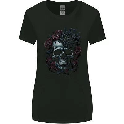 A Gothic Skull With Flowers Roses Goth Womens Wider Cut T-Shirt — 第 1/2 张图片