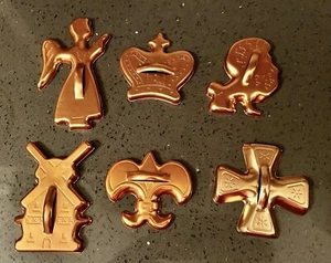 6 Vintage Copper Cookie Cutters W/Handles Angel Crown Cross Lion Windmill - Picture 1 of 5