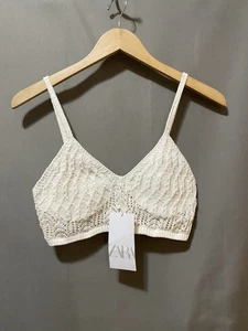 NWT ZARA Women Sleeveless Spaghetti Strap Crochet Knit Crop Top Size M Off White - Picture 1 of 11