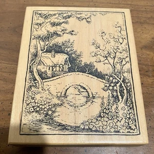1995 PSX Wood Mounted Rubber Stamp, K-1625 Cottage Home, Bridge & Pond - Picture 1 of 3