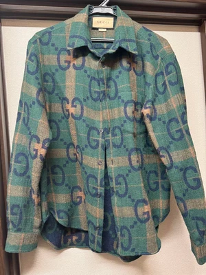 GUCCI GG logo long sleeve shirt green/beige Size XS Used Item Good From Japan - Image 1 of 2