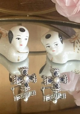 FLASH SALE! Judith Ripka Sterling Silver Pearl & Sapphire MALTESE CROSS Earrings - Image 1 of 4