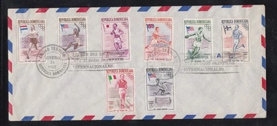 DOMINICAN REPUBLIC 2 FDCs 1957 OLYMPIC WINNERS COUNTRY FLAGS AND SOUVINER SHEET - Image 1 of 2