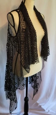 ☆VINTAGE 90s!☆Black Silk Mesh Open Cardigan Glitter Sleeveless L Gypsy High-Low - Image 1 of 4