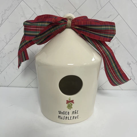 Rae Dunn By Magenta Under The Mistletoe Birdhouse w/plaid Ribbon Home Decor Cover