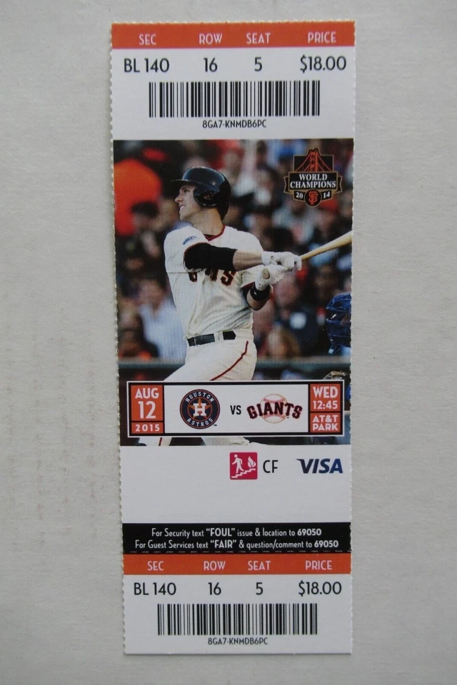 ПОЛНЫЙ БИЛЕТ SAN FRANCISCO GIANTS VS HOUSTON ASTROS 8/12/2015 ~ RASMUS/LOWRIE HRs - Изображение 1 из 1