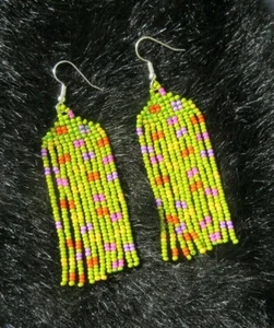 Fringe Earrings Colorful Spring Hand Made Glass Seed Bead Boho Style Earrings - Picture 1 of 3
