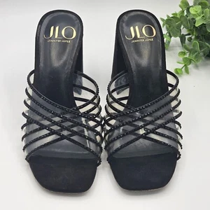 JLO Jennifer Lopez Tanel Heels Mules Clear Black Rhinestone Straps 7.5 Slip On - Picture 1 of 9