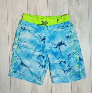 Gerry swim trunks Boy's XL (18-20) elastic waist lined blue shark print w/green - Picture 1 of 3