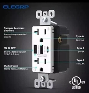 ELEGRP 20 Amp, 125 V Steckdose mit USB Typ C & Typ A - UL-gelistet mit Wandplatte - Bild 1 von 9