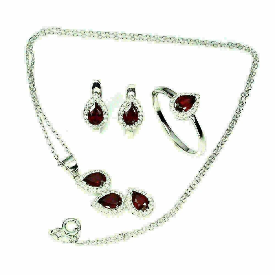 Silver Ruby Pendant Earring Ring Genuine Gems Solid Sterling Size J 1/2 US 5 - Image 1 of 4