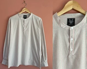 Collarless Rhubarb Grandad Shirt Stripe - 100% Cotton Smock - Long Sleeve Top - Picture 1 of 15