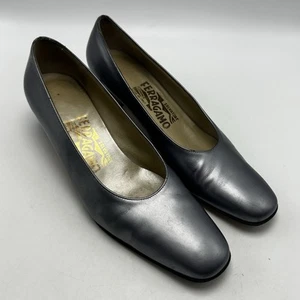 Scarpe vintage Salvatore Ferragamo tacco donna 6,5 AAA blocco grigio argento leggi - Foto 1 di 9