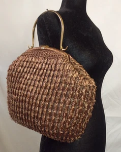 Vintage MM Chocolate Brown Raffia Frame Handbag Brass Handle Made in Italy - Picture 1 of 14