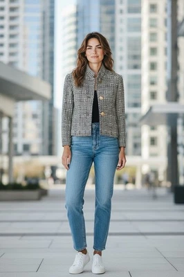 Blazer feminino DONCASTER tamanho 4 vintage forrado de seda tweed preto/branco/cinza - Imagem 1 de 4