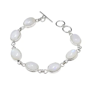Brazalete de cadena de joyería de plata de ley 925 hecho a mano con piedras preciosas de piedra lunar natural - Imagen 1 de 4