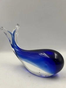 Fermacarte balena 10" vetro blu trasparente cristallo stile Murano vintage pesante - Foto 1 di 8