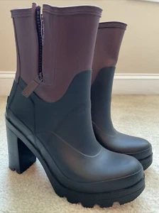 Hunter Original Contrast High Heel Rubber Rain Ankle Boots Black Size 9 - Picture 1 of 18