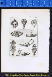 Roman Lamps -Christian Cross - Ox Head - Antiquités Herculanum 1804 Print - Picture 1 of 1