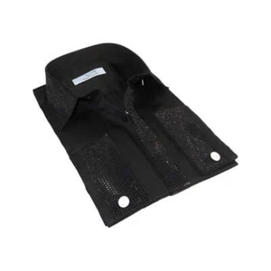 Men CEREMONIA Formal Shirt Rhinestone 100% Cotton Turkey #stn 15 tsb Black Fancy - Picture 1 of 9