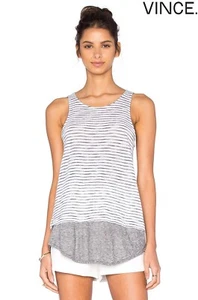 VINCE NWT $115 SLUB COTTON JERSEY STRIPE OPTIC WHITE/BLACK MIXED MEDIA TANK. S - Picture 1 of 14