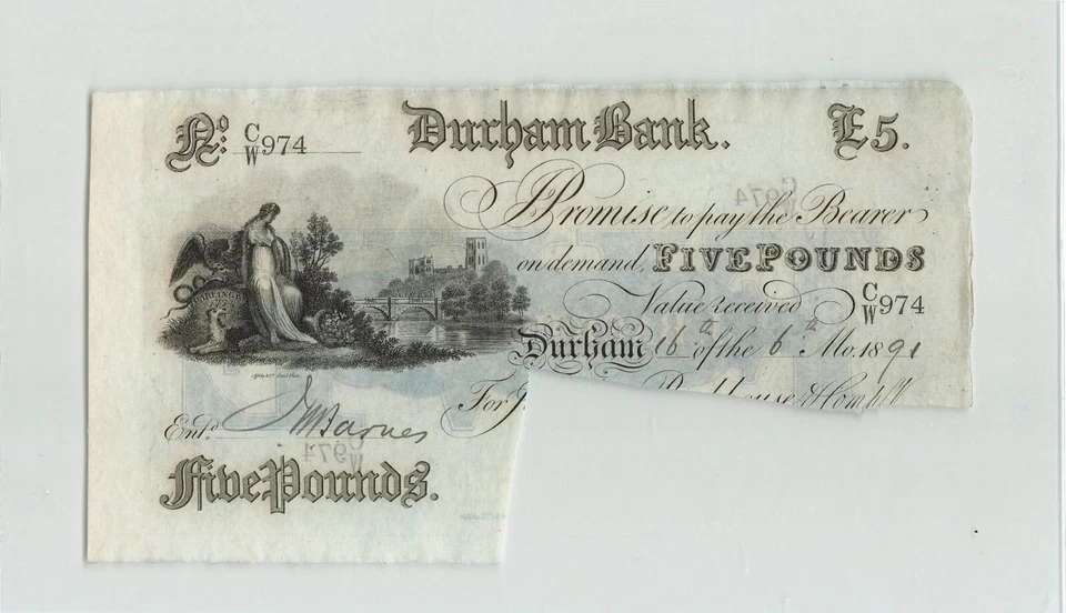 GREAT BRITAIN 5 Pounds 1891, Durham Bank, J. Backhouse, AU Grade, Cancelled. F9 - Image 1 of 2