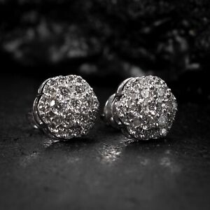 Men's Real 14K White Gold Iced Natural Diamond Flower Cluster Stud Earrings